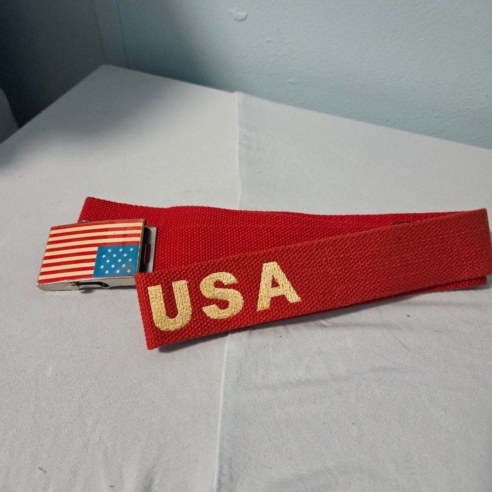 Vintage USA Patriotic Red Web Belt American Flag Buckle Canvas Military Style